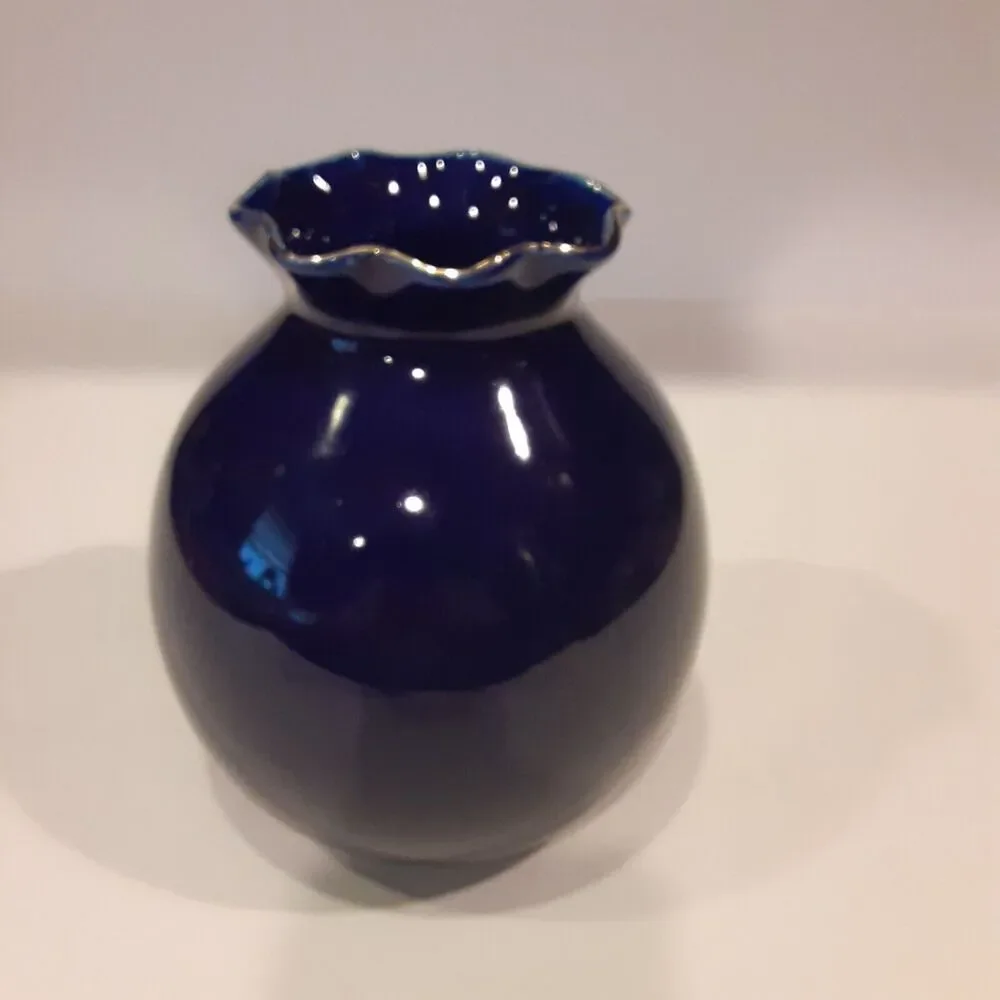 Asian Cobalt Blue Floral Vase Decorative 6.25